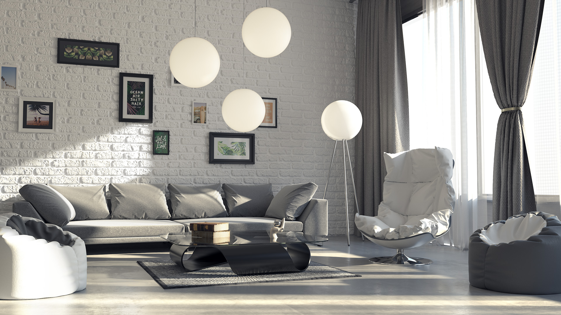 Bild zeigt eine 3D Architekturvisualisierung eines hellen, modernen Raumes